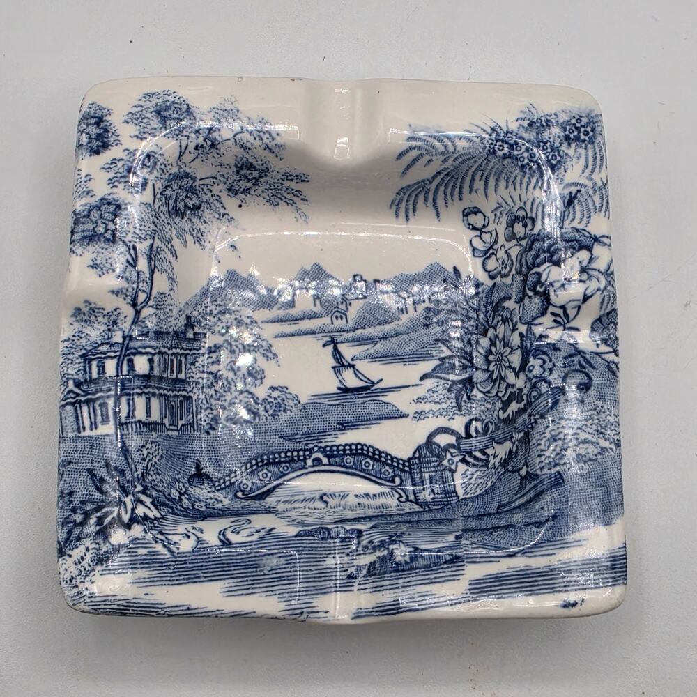 Vintage Delft Blue White Square Ashtray Made Holland Dutch Scenic Ceramic Tray